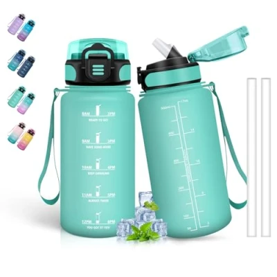 Bild av Flask 500 ml Barnflaska, vattenflaska med sugrör, läckagesäker sportflaska tidsmarkör, motiverande flaska för pojkar och flickor, skola, resor, cykel, camping, grön