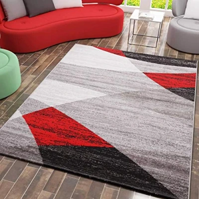 Bild av VIMODA Modern vardagsrumsmatta, geometriskt mönster, fläckig i grå, vit, svart och röd ÖKO TEX certifierad röd, 160 x 220 cm