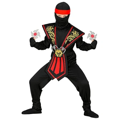 Bild av Widmann Barndräkt Ninja med vapenset, svart röd, kämpar, krigare, Japan, temafest, karneval