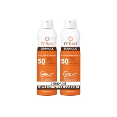 Bild av Ecran Sunnique solskyddsmedel för solenergi SPF 50, UVB + UVA och IR A skydd, stärker försvaret, skyddar huden, återfuktning 24 h, formel med VitEox 80, hela familjen Pack 2 x 250 ml