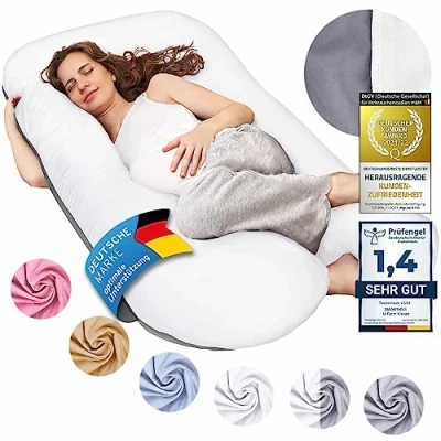 Bild av SMOOTHY Graviditetskudde, sidokudde, stödkudde, babykudde och amningskudde i U form med avtagbart tvättbart överdrag av 100% bomull (junior XL, 120 x 70 cm, duo)