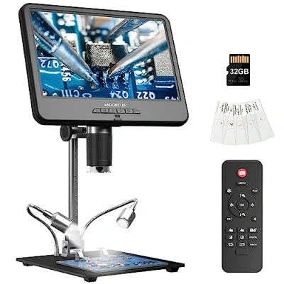 Bild av Andonstar AD210 10,1 tum LCD digitalt mikroskop för vuxna, lödningsmikroskop elektronikreparation, myntmikroskopkamera full vy felmynt med ljus, biologiska glidskit, 32G kort