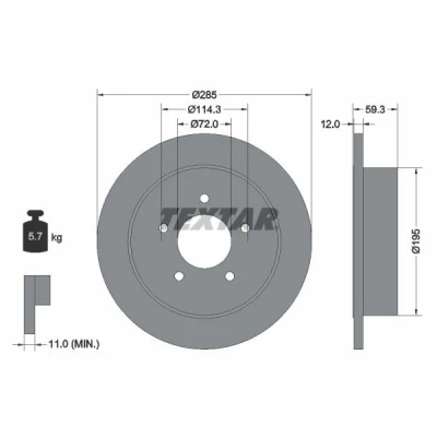 Bild av TEXTAR PRO 92194003 Disque de frein 285 12 05/05 114,3 plein revêtu sans roulement roue, boulon fix moyeu roue