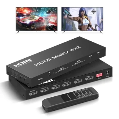 Bild av FERRISA 4 x 2 HDMI matrisbrytare, i ut matris videobrytare splitter + optisk &amp; L/R 3,5 mm utgång, stöder Ultra HD 4K 2K, 3D 1080P, ljud EDID extraktor med IR fjärrkontroll