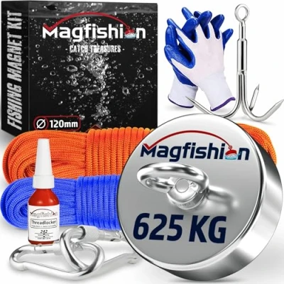 Bild av MAGFISHION Kraftfull neodymmagnet 625 KG Fiskemagnet Ø 120 mm Med 2 rep (10M&amp; 20M) Trippelkrok Handskar Magnetfiskekit Ögonmagnet