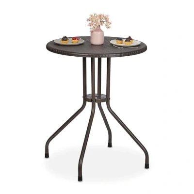 Bild av Relaxdays Trädgårdsbord, H x D: 73 60 cm, rottinglook, plast och stål, utomhus matbord, runt balkongbord, brunt