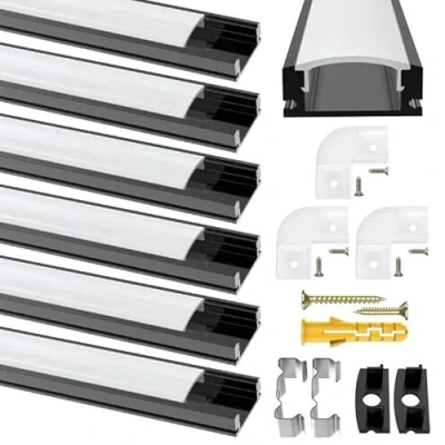 Bild av Chesbung LED remsa diffusor, aluminiumkanal svart U formad aluminiumprofil med mjölkvitt skydd, ändlock och monteringsklämmor aluminium extrudering 90 graders kontakter för lysrör