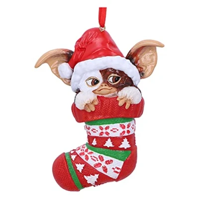 Bild av Nemesis Now Gremlins Gizmo i strumpa hängande festlig dekorativ prydnad till jul, röd, 12 cm