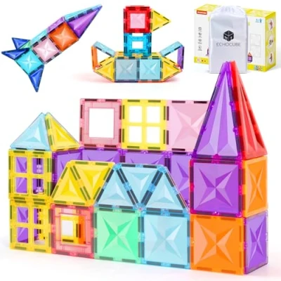 Bild av ECHOCUBE Magnetiska Byggklossar, 60 PCS Byggstenar Kakel för Barn, Pedagogiska Byggmagnetleksaker Plattor Julklapp 3+ år Gamla Pojkar och Flickor