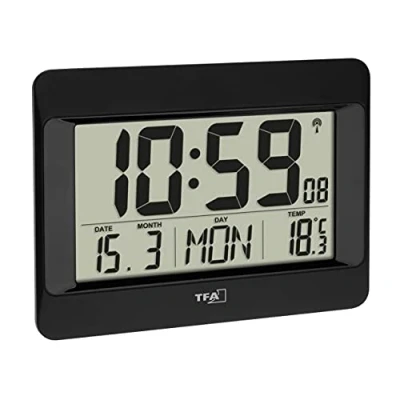 Bild av TFA Dostmann väggklocka digital, 60,4519.01, radioklocka med inomhustemperatur, vardagdag (8 språk), datum, tidszonsinställning, svart, plast, (L) 215 x (B) 160 (H) 26 (68) mm