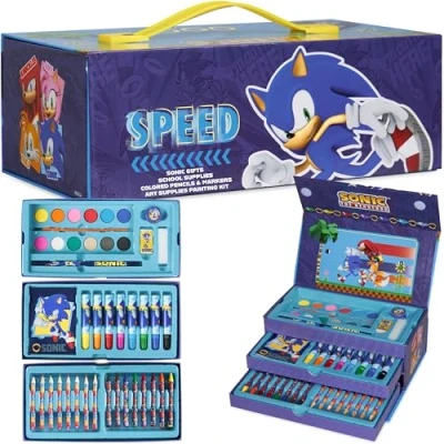 Bild av Sonic The Hedgehog konstset för flickor pojkar färgläggningsset barn, 40 plusdelar, reseset, carryF &amp; F förvaring, handtag, målningsket konsttillbehör, gåvor