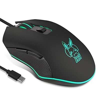 Bild av IULONEE Trådbunden Spelmus USB C Tyst Klick 7 Färger Bakgrundsbelyst Optisk Möss av Type Ergonomisk Dator Mus 2400 DPI, 6 Knappar Gaming Mouse för PC Computer Laptop Mac (Svart)