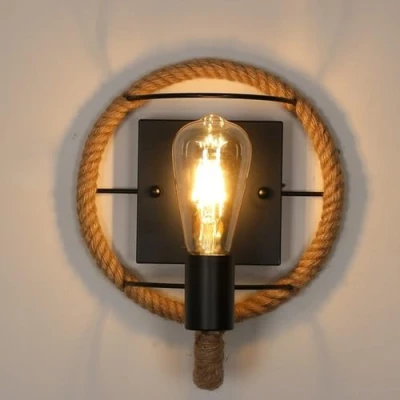 Bild av Comely Vintage Inomhus Applique, Retro Industrial Iron hampa rep form vägglampa, E27 vägglampor för bar, loft, restauranger, längd 26cm (utan glödlampa)