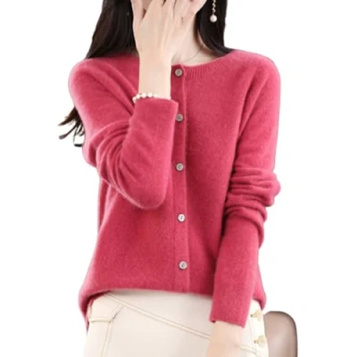 Bild av TeysHa Kashmir cardigan för kvinnor, ull Crew Neck Button Down långärmad tröja, mjuka varma stickade elastiska tröjor, Hallonröd, L