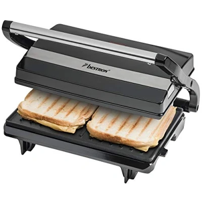 Bild av Bestron Elektrisk kontaktgrill med uppsamlingsbricka, smörgåsgrill cool touch handtag, paninimakare non stick beläggning, 700 watt, APM123Z, färg: svart, 22,5 x 14 cm