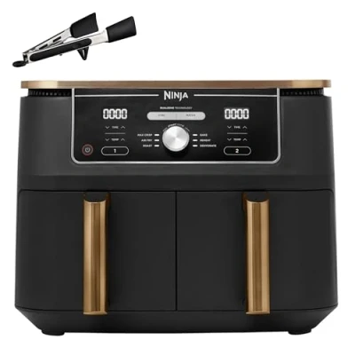 Bild av Ninja Foodi MAX dubbel zon luftfritös, tång, 2 lådor, 9,5 l, 6 i 1, brukar ingen olja, luftfritera, maximera krispet, rosta, baka, 8 portioner, nonstick diskmaskinsäkra korgar, koppar/svart AF400EUCP