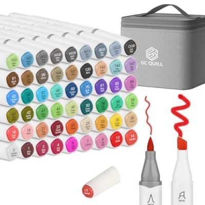 Bild av GC QUILL Alkoholpensel märkpenna 53 färger alkohol märkpennor (mejsel och penselspets) + 1 färglös blender professionell penselmarkör för konstteckning, graffiti, färg, rendering