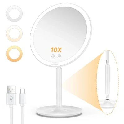 Bild av Auxmir Upplyst Sminkspegel LED, 10X Kosmetisk Spegel, 2000mAh Uppladdningsbar Spegel med USB, 3 Ljusfärger, Justerbar Ljusstyrka, Stor Bas, för Badrumsskåp, Vit