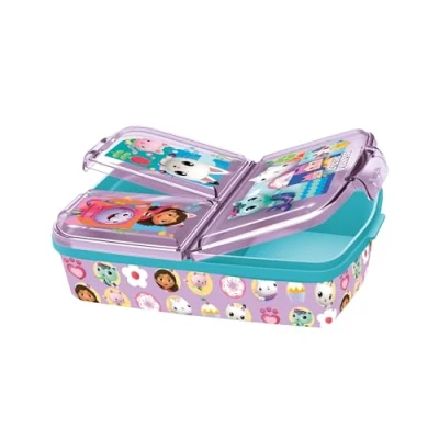 Bild av p:os 36543 Gabbys Dollhouse lunchlåda för barn med 3 fack, matlåda av plast klämförslutning, vesperburk dagis, skola och fritid