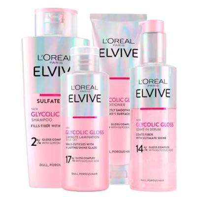 Bild av L&#039;Oréal Paris Elvive Glycolic Gloss 150 ml balsam + 200 schampo sköljfritt serum 5 minuters lamineringsbehandling på för blekt och poröst hår 4 flaskor
