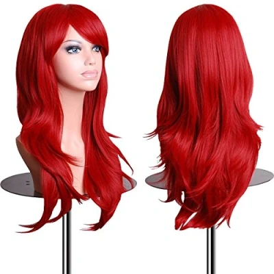 Bild av EmaxDesign 70 cm högkvalitativ cosplay peruk för kvinnor full, lockig, vågig, värmebeständig, trendig och glamorös med gratis hårnät perukkam. Färg: röd).