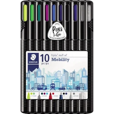 Bild av STAEDTLER Schreibset triplus multi set Mobility, enthält Kugelschreiber, Druckbleistift, verschiedene Marker und Lineal, 10 ausgewählte Schreibgeräte in aufstellbarer Box, 34 SB10MS