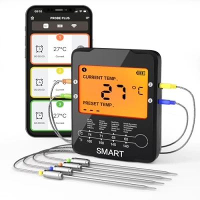 Bild av Uzone Kötgrilltermometer med 4 sonder smart Bluetooth termometer trådlös app 100 m (328 fot) fjärrräckvidd, mat grilltermometrar 3,3 tums LCD skärm för ugn, rökare, kök