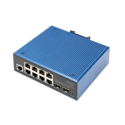 Bild av DIGITUS Nätverksswitch 10 portars Gigabit Ethernet 8x RJ45 + 2x SFP IP40 L2 hanterad 10/100/1000 Mbit/s DIN skenmontage industriell serie svart/blå