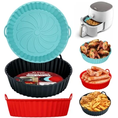 Bild av Alyvisun Silikonform för Luftfritös, 3 Stycken Silikongrytor Airfryer Återanvändbara Silikonfoder Luftfritöskorg Rund Silikonbakform Air Fryer, Mikrovågsugn och Ugn (Röd+Svart+Blå)