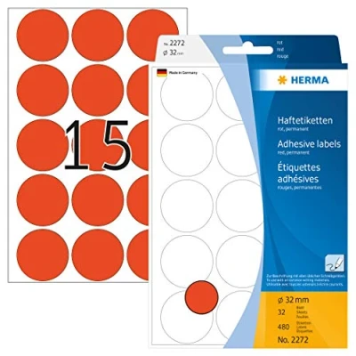 Bild av HERMA 2272 multifunktionsetiketter/runda färgade prickar (Ø 32 mm, ark, papper, matt) självhäftande, permanenta märkningspunkter för handskriven märkning, 480 klistermärken, röd