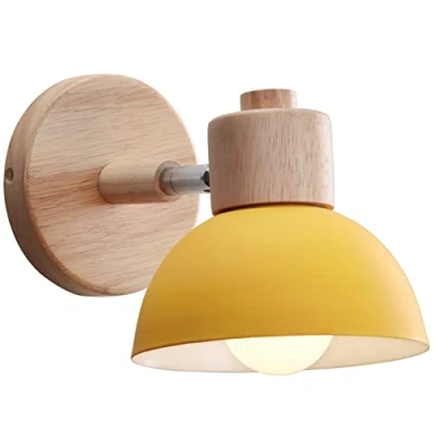 Bild av iDEGU Vägglampa modern inomhusvägglampa av trä metall halvcirkel lampskärm E27 justerbar väggspot vintage lampa för sovrum vardagsrum (1 st, gul)