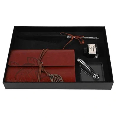 Bild av Feather Pen, VBESTLIFE Vintage kalligrafi Nib Dip Pen Ink Leather Notebook Set brev Gift Box (Black)