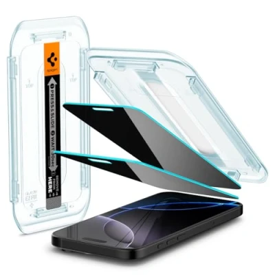 Bild av Spigen Glas.tR EZ Fit Skärmskydd kompatibel med iPhone 16 Pro Max, 2 Stycken, Sjabloon voor Installatiem, Anti Spy, Reptålig, Case friendly, 9H härdat glas