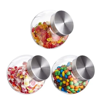 Bild av Relaxdays Godisglas, set om 3, 1,5 l, förvaringsburkar för godis, mat, godisbar, lock i rostfritt stål, klart