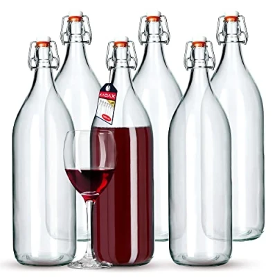 Bild av KADAX Glasflaska, fruktlikörflaska, vintageflaska av sodaglas, transparent strykflaska, strykförslutningsflaska, kvittenlikörflaska (1,9 l, 6 stycken)