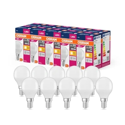 Bild av OSRAM LED stjärnvärde Klassisk P40 lampa för E14 uttag, droppform, FR, 470 lumen, varm vit (2700K), ersättning konventionella 40W glödlampor, inte dimbar, 10 pack