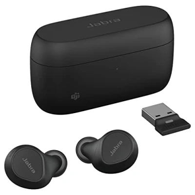Bild av Jabra Evolve2 Buds True Wireless In Ear Bluetooth, med aktiv brusreducering, MultiSensor Voice teknik och trådlös laddningsplatta certifierade för MS Teams, fungerar alla plattformar svart