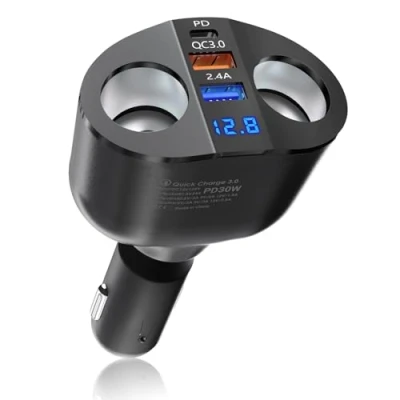 Bild av Qidoe Cigarett splitter USB C billaddare cigarettändare: 12 V/24 V PD30 W QC 3.0 laddare 120 dubbel uttag cigarettändare adapter LED voltmeter för mobiltelefon, GPS, Dash Cam