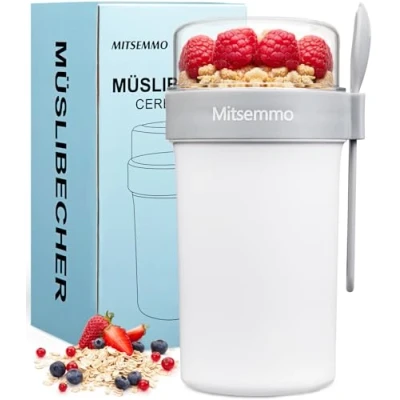 Bild av Mitsemmo müslimugg to go 760 ml + 230 ml, müsli kopp kopp, yoghurtmugg att gå med sked, majsflingor go, müslikopp müsliburk frukostburk müslilåda, yoghurt mugg (vit)