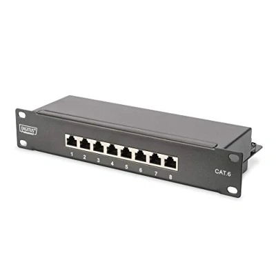 Bild av DIGITUS Cat 6 patchpanel 8 portar RJ45 uttag 10 tums rack mount 1HE LSA fördelningsfält skärmad svart