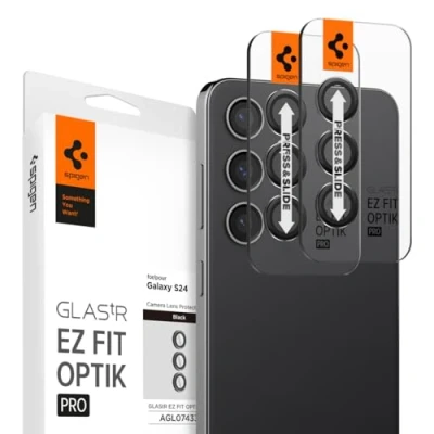 Bild av Spigen Glas.tR EZ Fit Optik Pro Kamera Skärmskydd kompatibel med Samsung Galaxy S24, 2 Stycken, Svart, Individuellt kameraskydd, Inget fel på blixtfunktionen, 9H härdat Glas