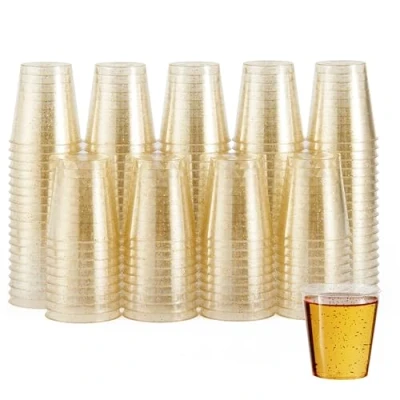 Bild av MATANA 60 återanvändbara skottglas i klar plast med gyllene paljetter, 30 ml solida skytteglas för fest, bröllop, födelsedag, provsmakning