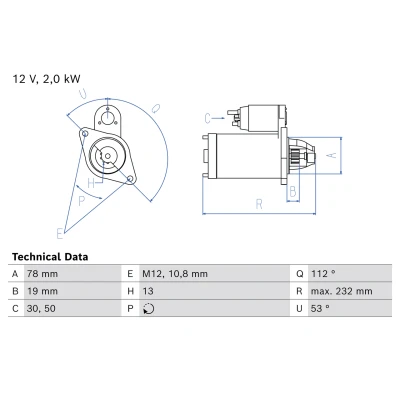 Bild av BOSCH 0 986 029 210 Startmotor 12V 2kW 50, 30 78mm OPEL: Astra J Sports Tourer, Hatchback, CHEVROLET: Cruze Hatchback