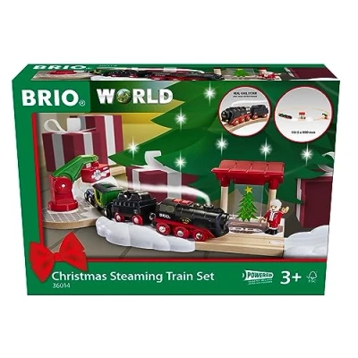 Bild av BRIO World 36014 batteridriven ånglok julset från lokets skorsten rinner kall vattenånga stor skenlayout för en rundtur runt julgranen, rekommenderas 3 år