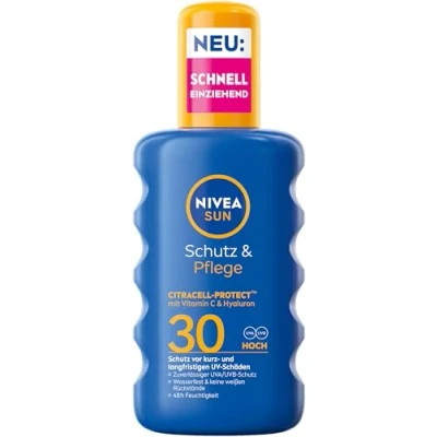 Bild av NIVEA SUN skydd &amp; vård solspray SPF 30, vattentät solskyddsspray med vitamin C och hyaluron, snabbabsorberande solskydd för 48h fukt (200 ml)