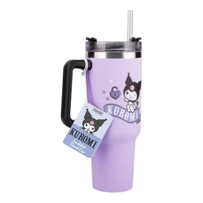 Bild av Paladone Kuromi 900 ml lila isolerad kopp och sugrör, officiellt licensierad Sanrio Hello Kitty &amp; Friends Quencher flaska med handtag för vatten, iste, kaffe, söt popkultur samlarobjekt fans