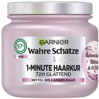 Bild av Garnier True Treasures 1 minuts hårbehandling för medellångt till långt hår, utjämnande med risvatten och styrka, mer glans jämnhet, ritual x 340 ml