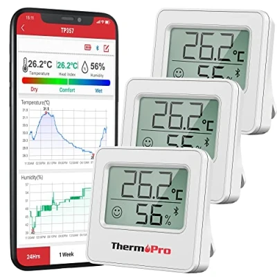 Bild av ThermoPro TP357 3 80 m, bluetooth hygrometer, uppsättning med rumstermometer, digital APP mini, luftfuktighetsmätare smiley indikator, datagrafik för inomhus, kontor, vinkällare, växthus