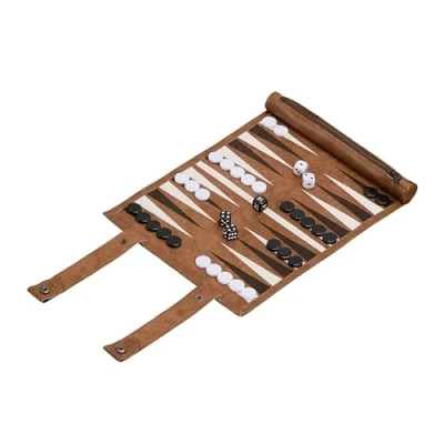 Bild av Relaxdays Backgammon, resespel att rulla upp, inklusive tillbehör, spelfält B x D: 32 26 cm, läderutseende, brädspel, brun