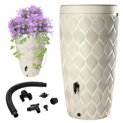 Bild av KADAX Regntunna med växtskål integrerad i locket 240 L, regnfat av plast, regnvattenbehållare kran, frostsäker regntank (kräm)